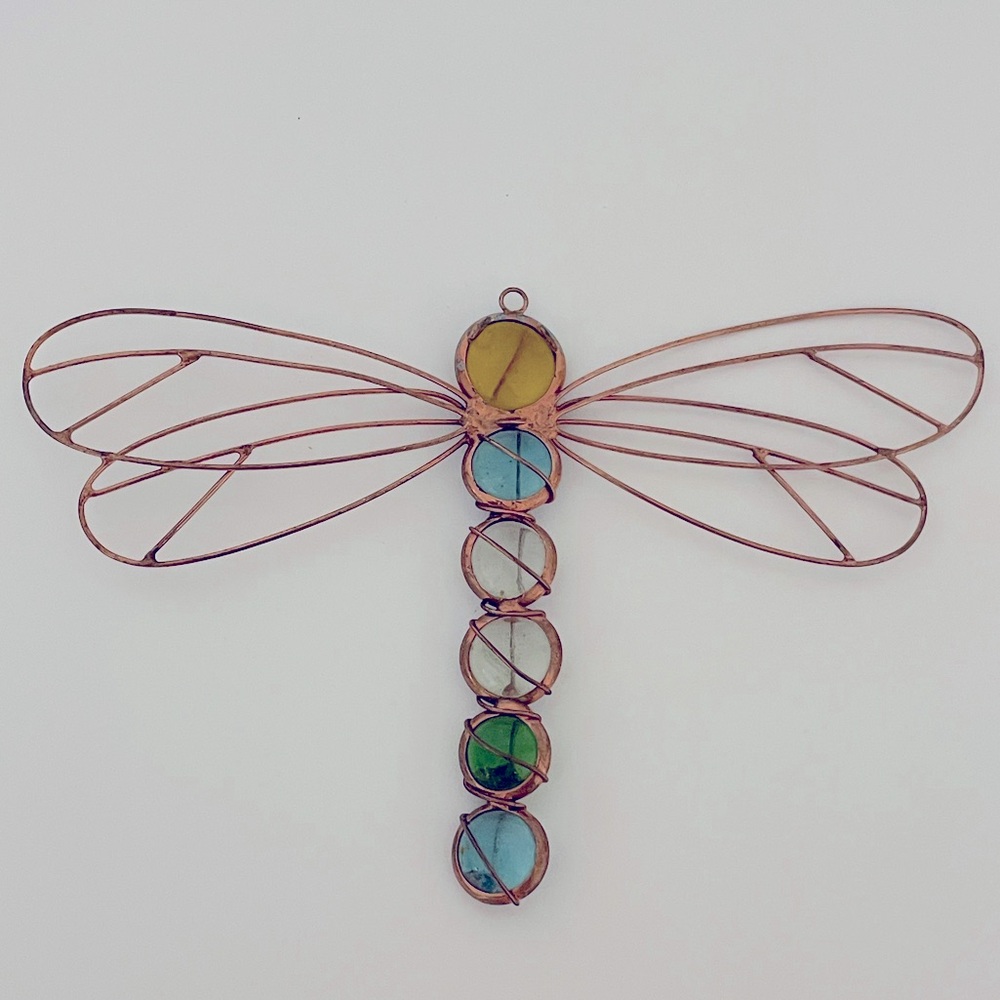 Handmade Artsy Copper Wire Dragonfly Glass Stones Garden/Home Decor